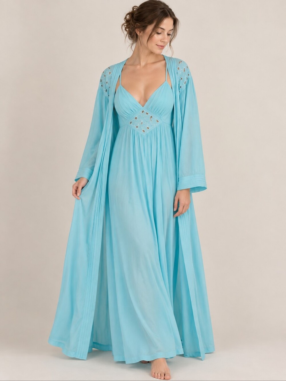 Vintage Glencraft ILGWU Union Made Aqua Peignoir Nightgown Robe Set M